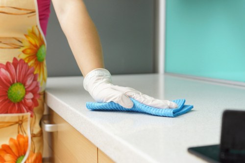 Cleaning equipment and caution signage during carpet cleaning